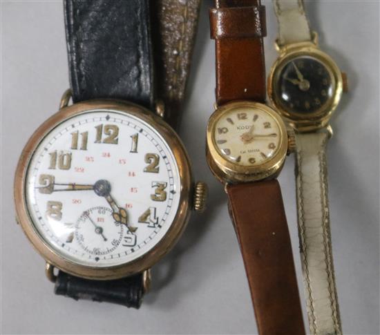 Two ladys 28ct gold cased wrist watches and a gentlemans gold plated wrist watch.